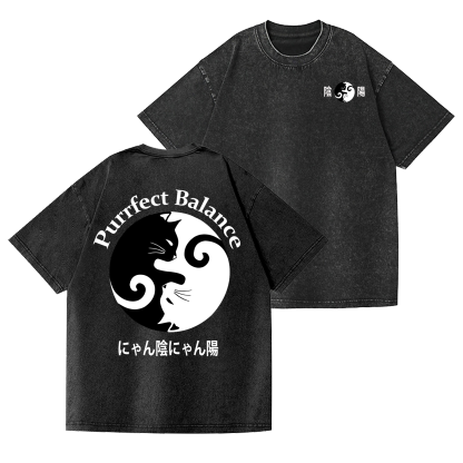 Yin-yang Cat Vintage Wash Japanese Design Back Art T-Shirt