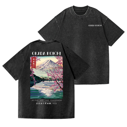 Okada Koichi Fuji Mount  Vintage Wash Japanese Design Back Art T-Shirt