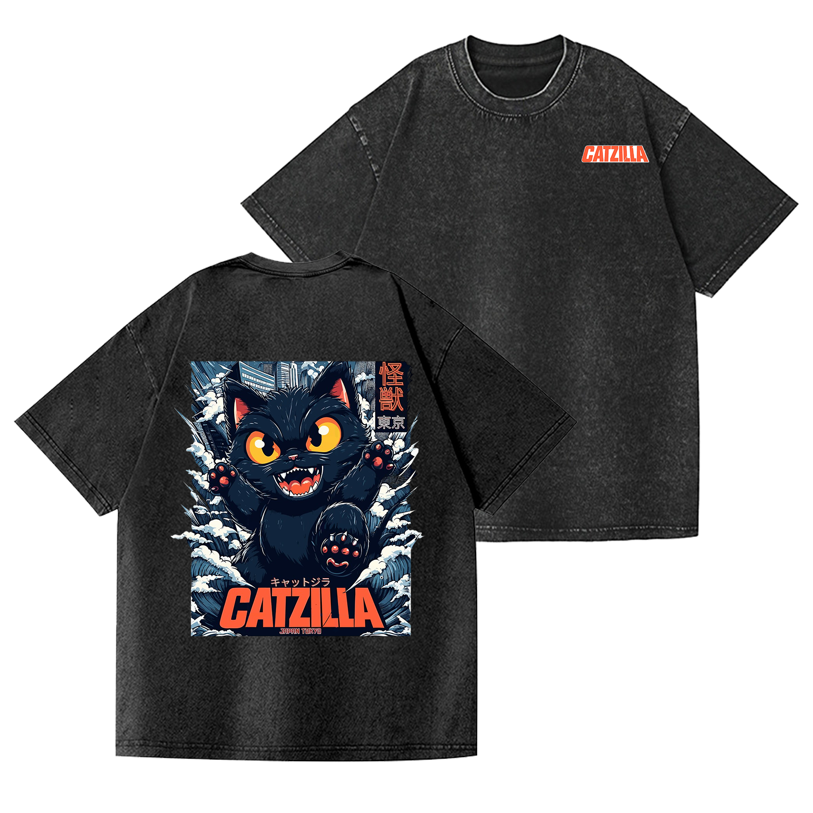 Catzilla Cat Vintage Wash Japanese Design Back Art T-Shirt