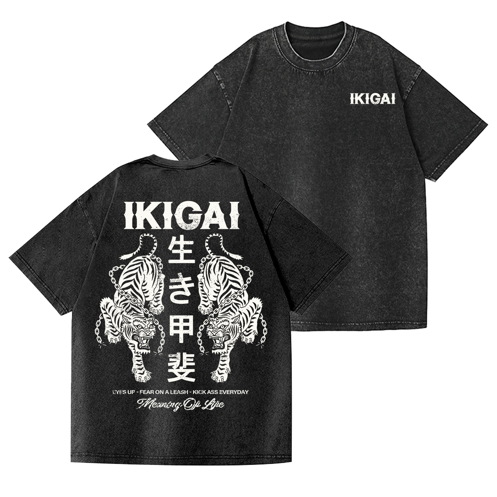 Ikigai Tiger Vintage Wash Japanese Design Back Art T-Shirt