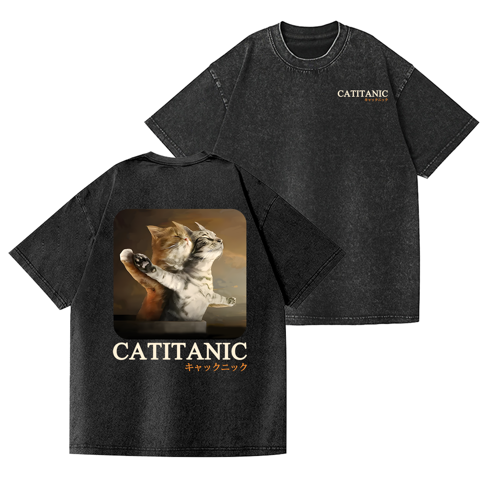Catitanic Cat Vintage Wash Japanese Design Back Art T-Shirt