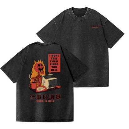 Skull Work Is Hell Vintage Wash Japanese Design Back Art T-Shirt