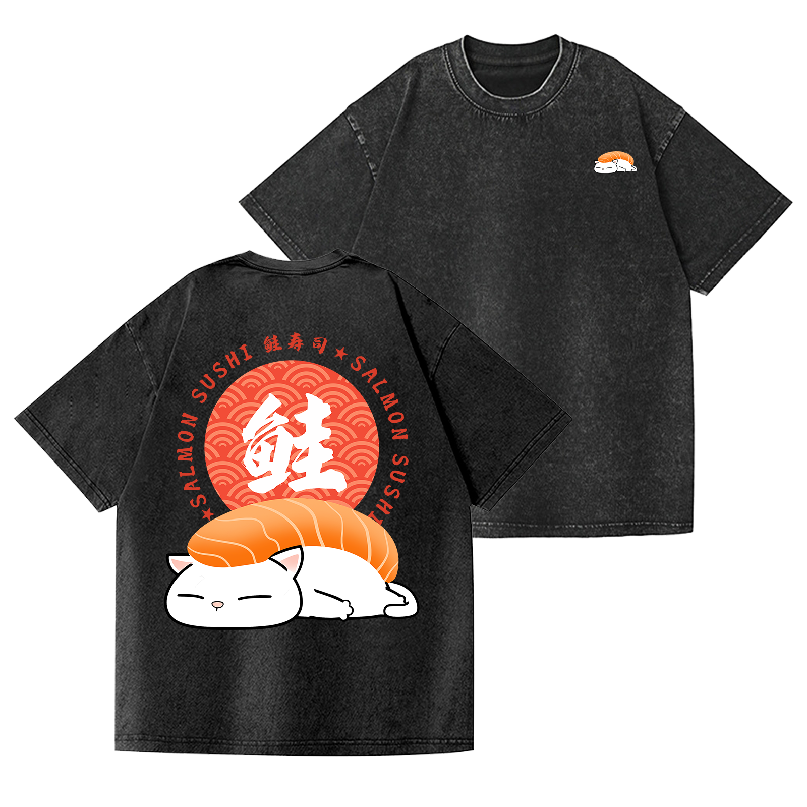 Cat Vintage Wash Japanese Design Back Art T-Shirt