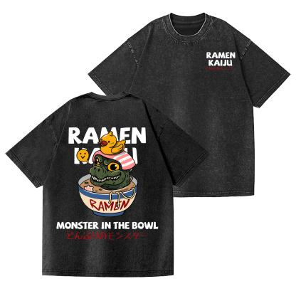 Godzilla Ramen Vintage Wash Japanese Design Back Art T-Shirt