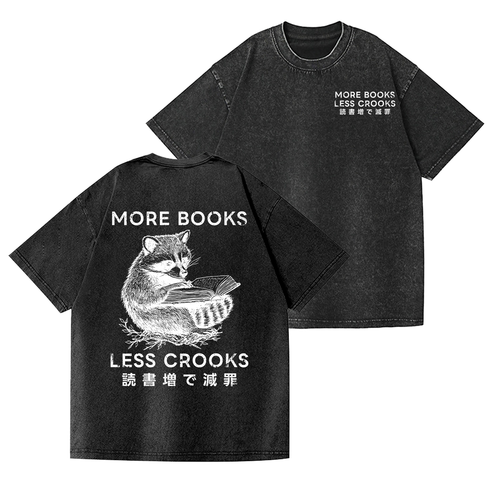 Racoon Book Vintage Wash Japanese Design Back Art T-Shirt