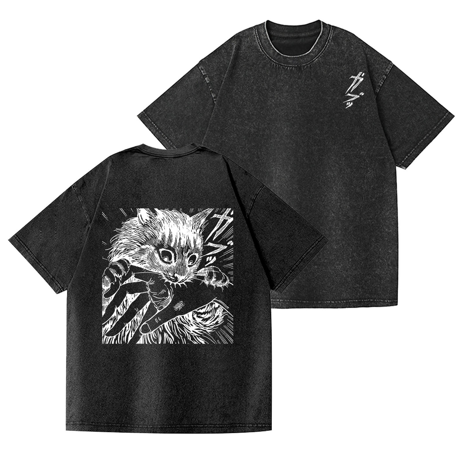 Cat Vintage Wash Japanese Design Back Art T-Shirt