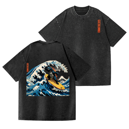 Surfing Godzilla Vintage Wash Japanese Design Back Art T-Shirt
