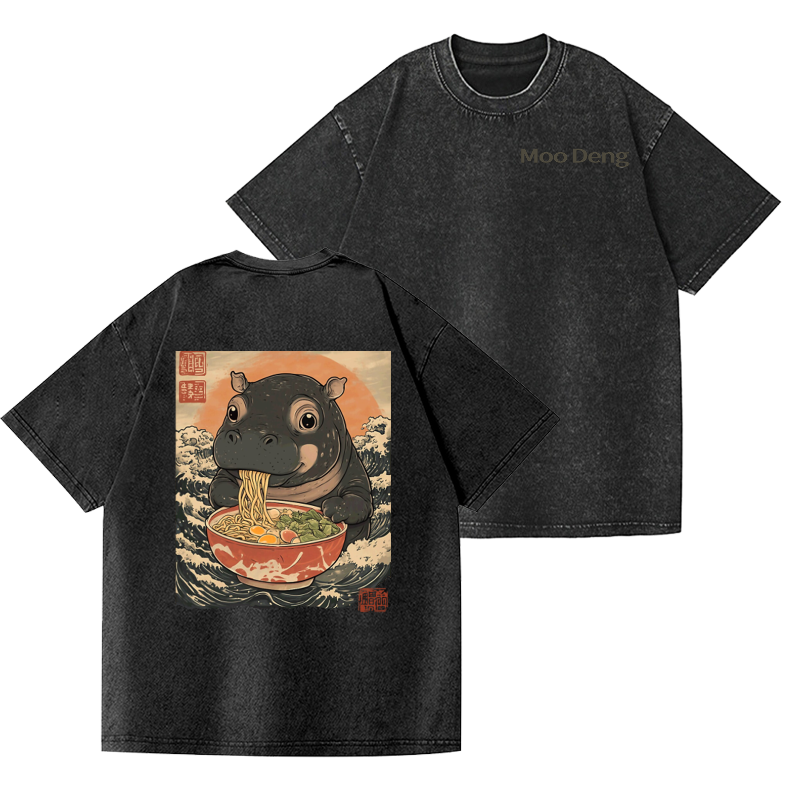 Ramen Hippo Ukiyoe Wave Vintage Wash Japanese Design Back Art T-Shirt