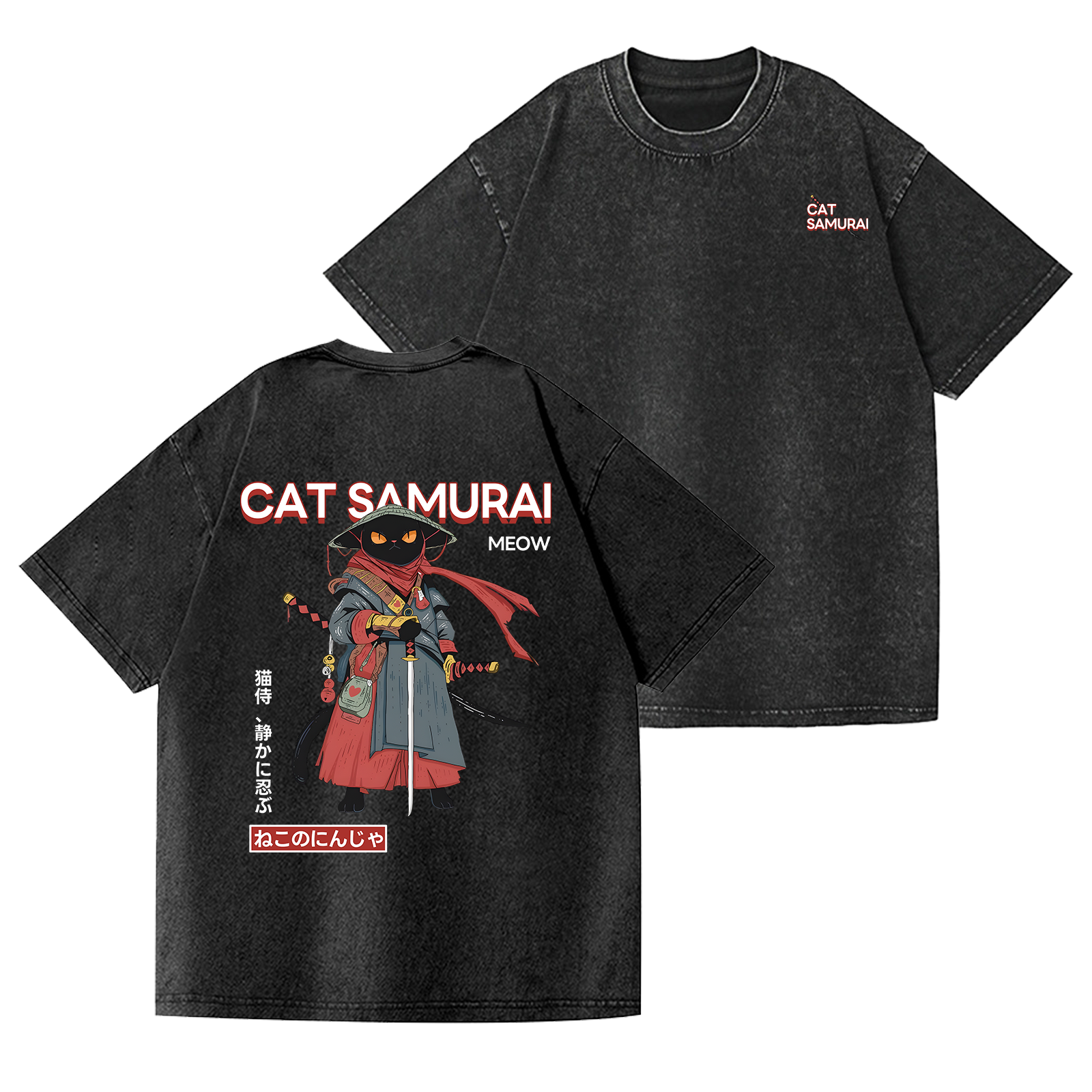 Cat Samurai Vintage Wash Japanese Design Back Art T-Shirt