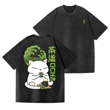 Tea Ceremony Cat Vintage Wash Japanese Design Back Art T-Shirt