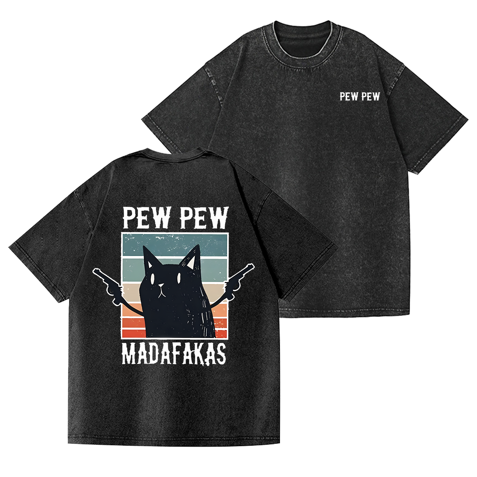 Pew Pew Cat Vintage Wash Japanese Design Back Art T-Shirt