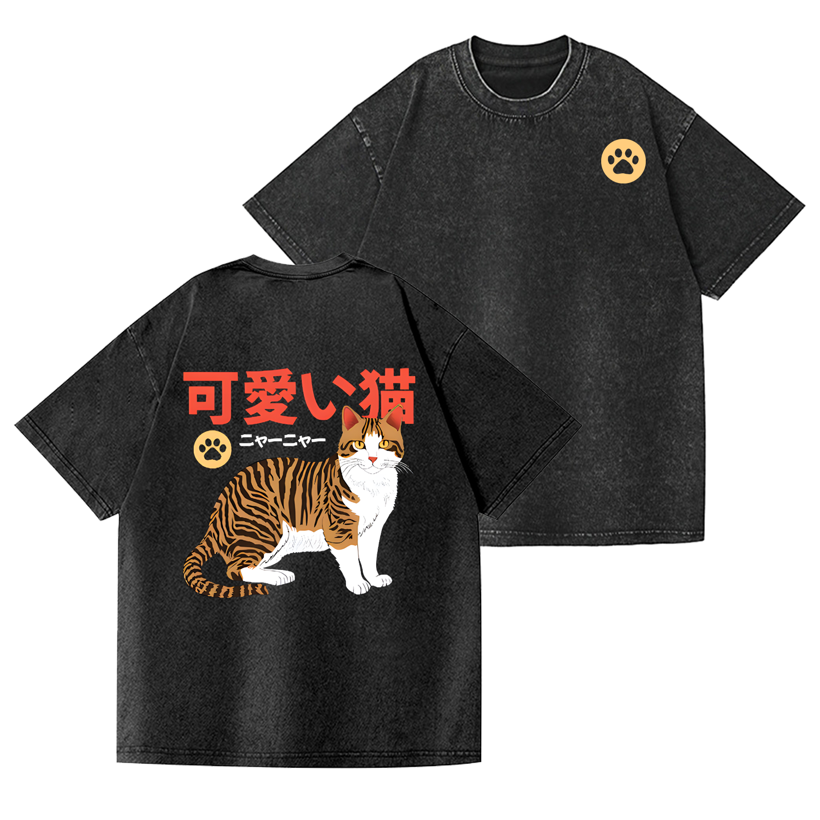 Cute Cat Vintage Wash Japanese Design Back Art T-Shirt