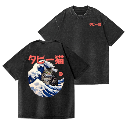 Cat Vintage Wash Japanese Design Back Art T-Shirt