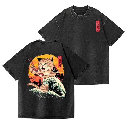 Sushi Cat Vintage Wash Japanese Design Back Art T-Shirt