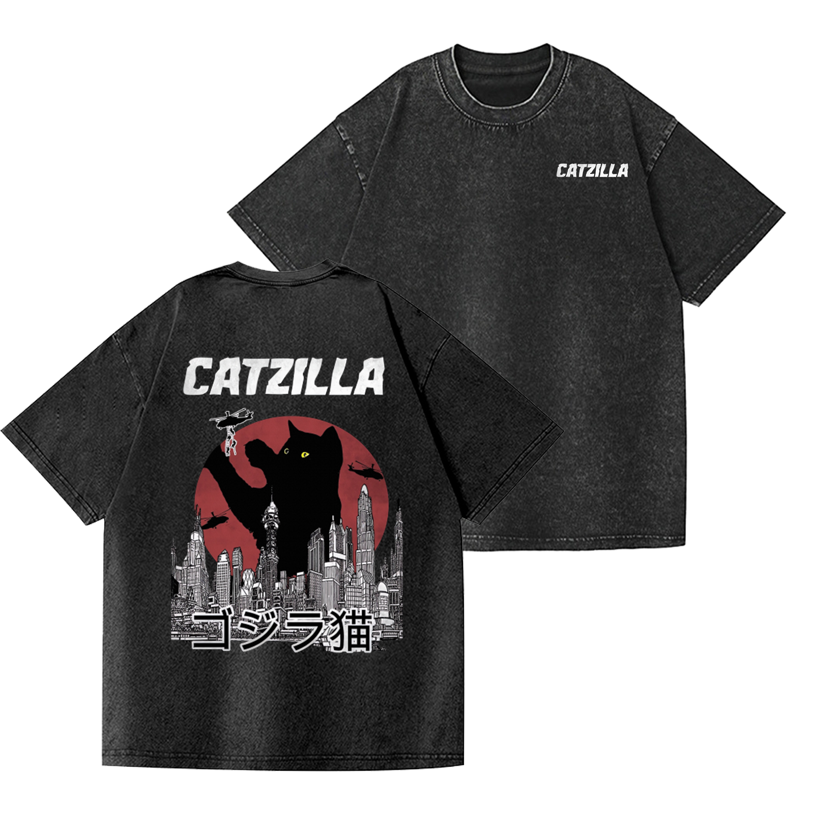 Cat Godzilla Catzilla Vintage Wash Japanese Design Back Art T-Shirt