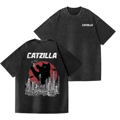 Cat Godzilla Catzilla Vintage Wash Japanese Design Back Art T-Shirt