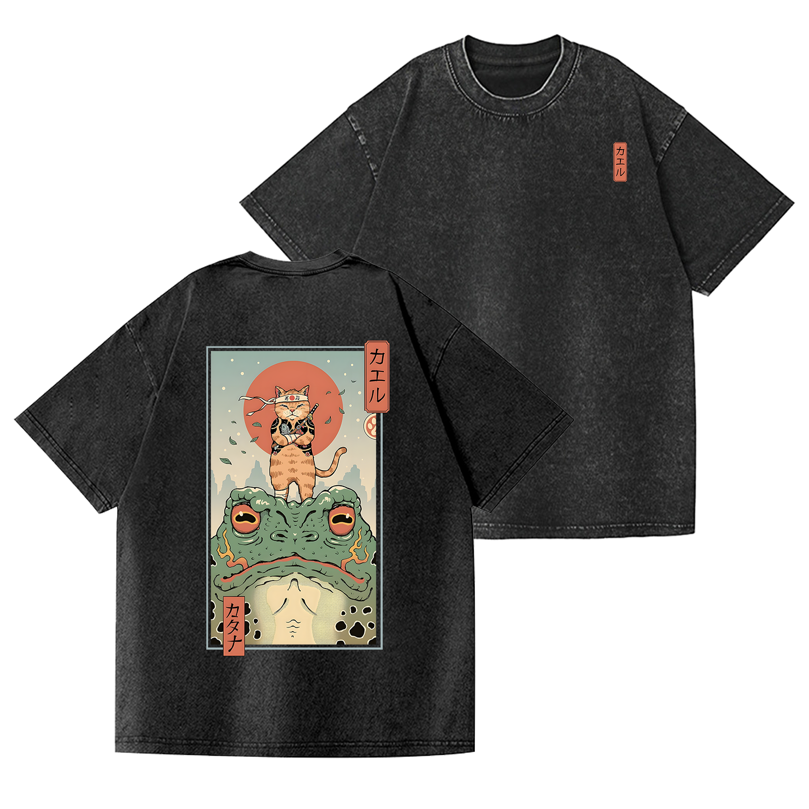 Samurai Cat VintaSge Wash Japanese Design Back Art T-Shirt