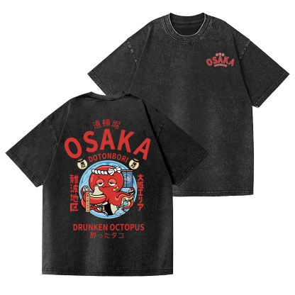 Osaka Dotonbori Drunken Octopus Vintage Wash Japanese Design Back Art T-Shirt