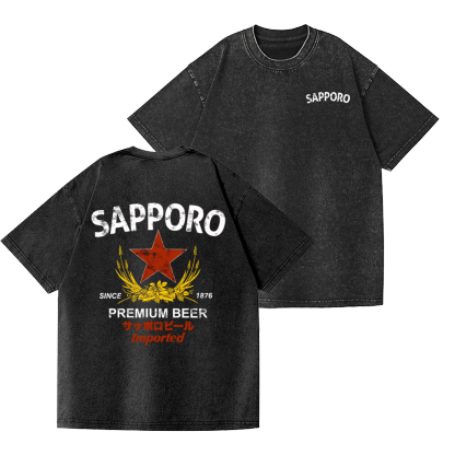 Sapporo Beer Vintage Wash Japanese Design Back Art T-Shirt