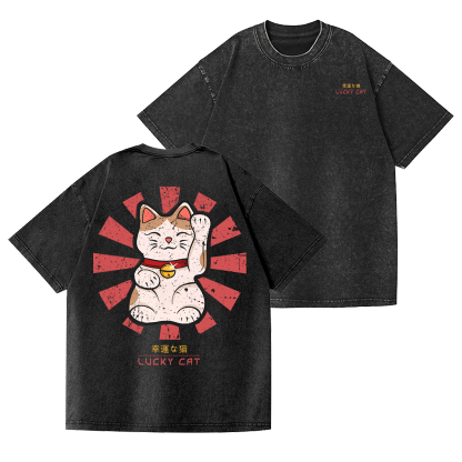 Lucky Cat Vintage Wash Japanese Design Back Art T-Shirt