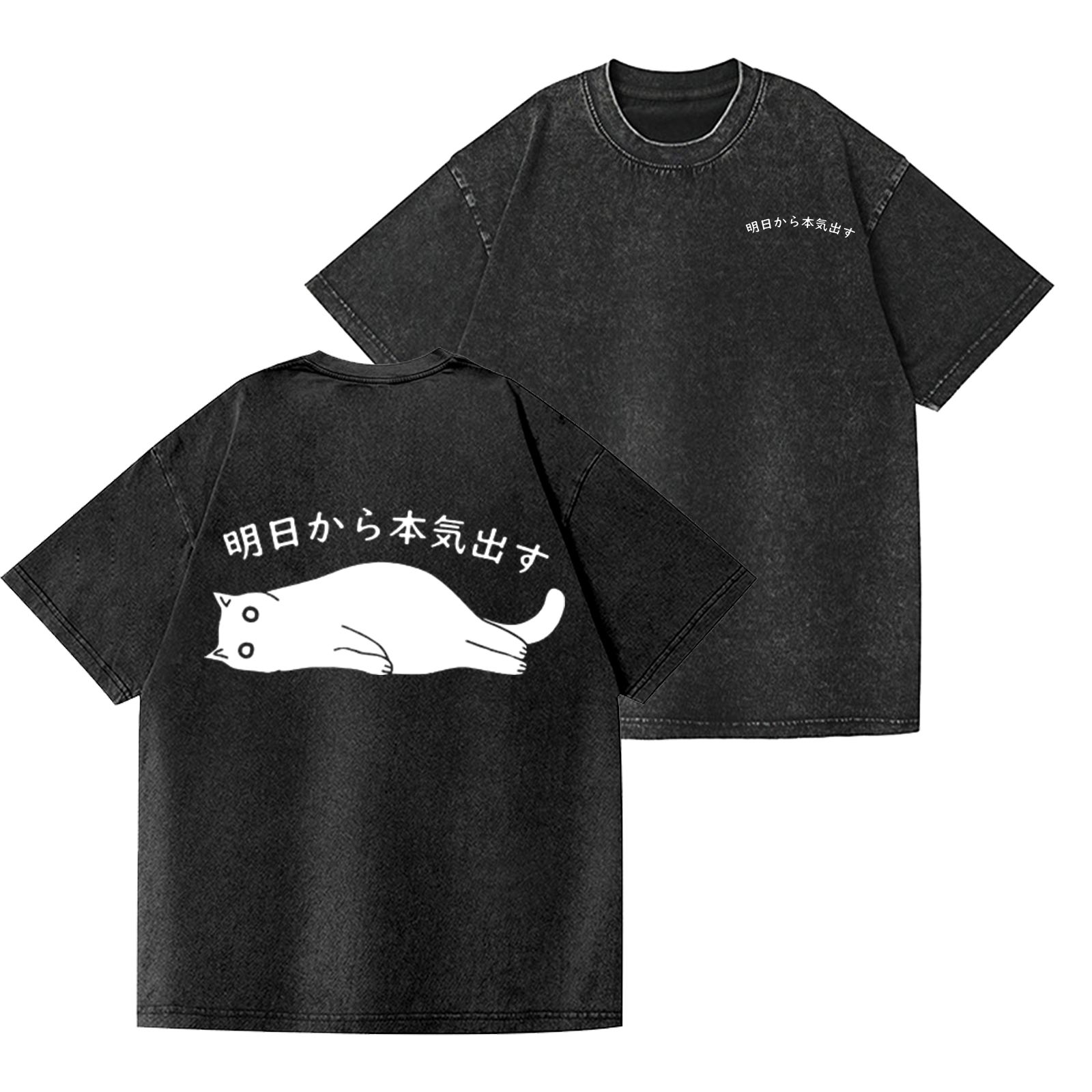 Cat Vintage Wash Japanese Design Back Art T-Shirt