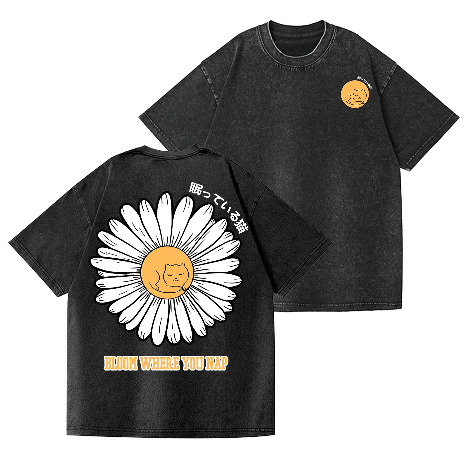 Daisy Cat Vintage Wash Japanese Design Back Art T-Shirt