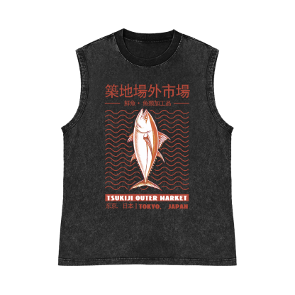 Tokyo Japan Tsukiji Out Market Fish Pure Cotton Wash-Dyed Sleeveless Tank Top