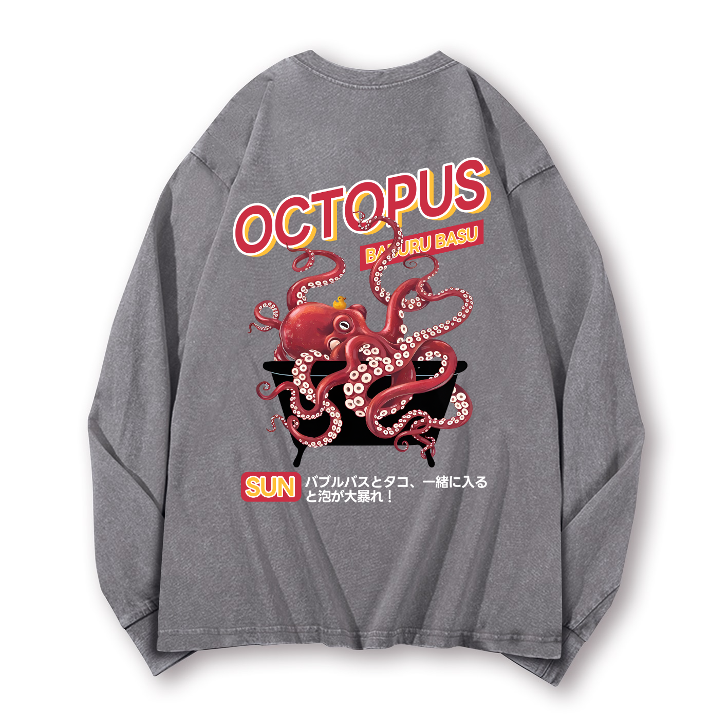 Bubble Bath Octopus Vintage Washed Cotton Back Art Long-sleeve T-shirt
