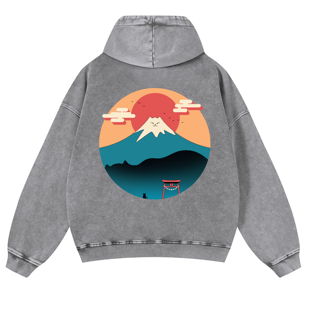 Cat Mount Fuji Vintage Washed Cotton Back Art Hoodie