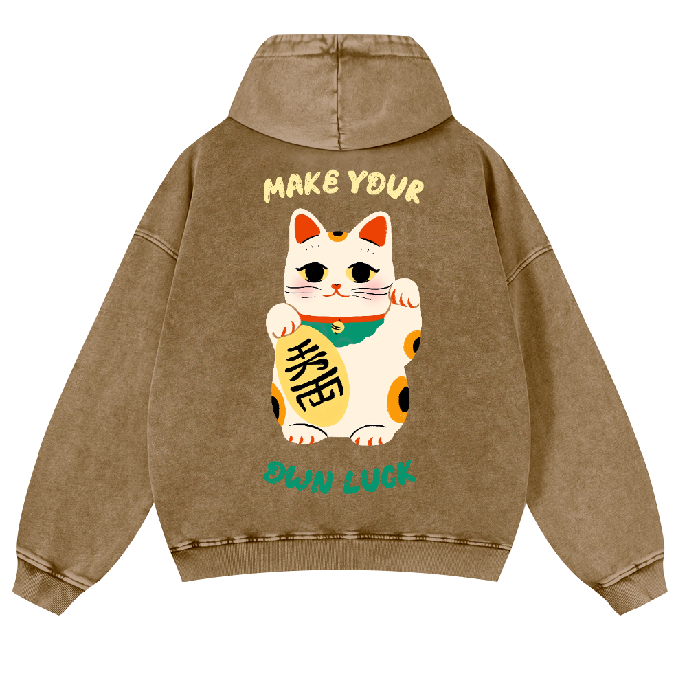 Lucky Cat Vintage Washed Cotton Back Art Hoodie