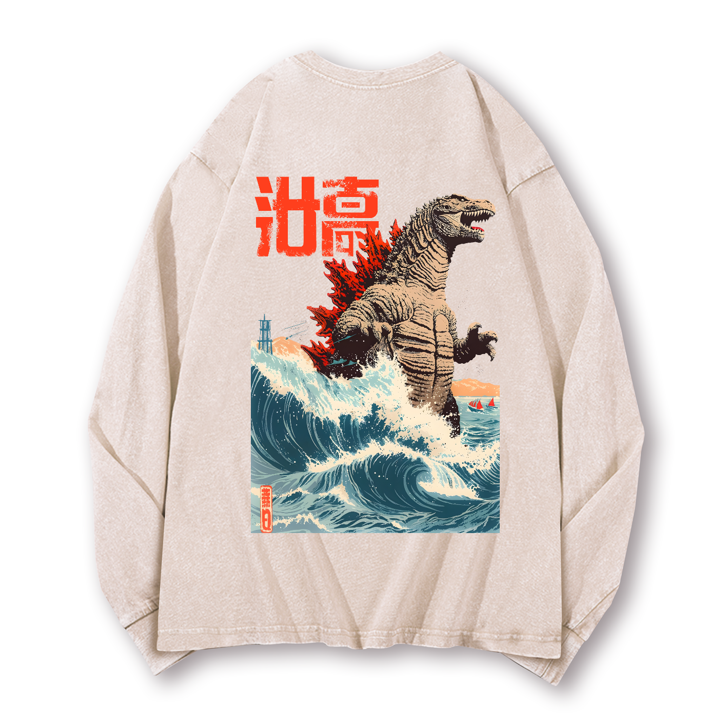 Godzilla Wave Vintage Washed Cotton Back Art Long-sleeve T-shirt