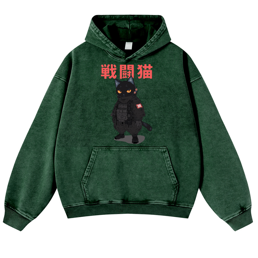 Black Cat Vintage Washed Thick Cotton Hoodie