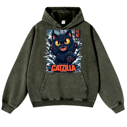 Catzilla Cat Godzilla Vintage Washed Thick Cotton Hoodie