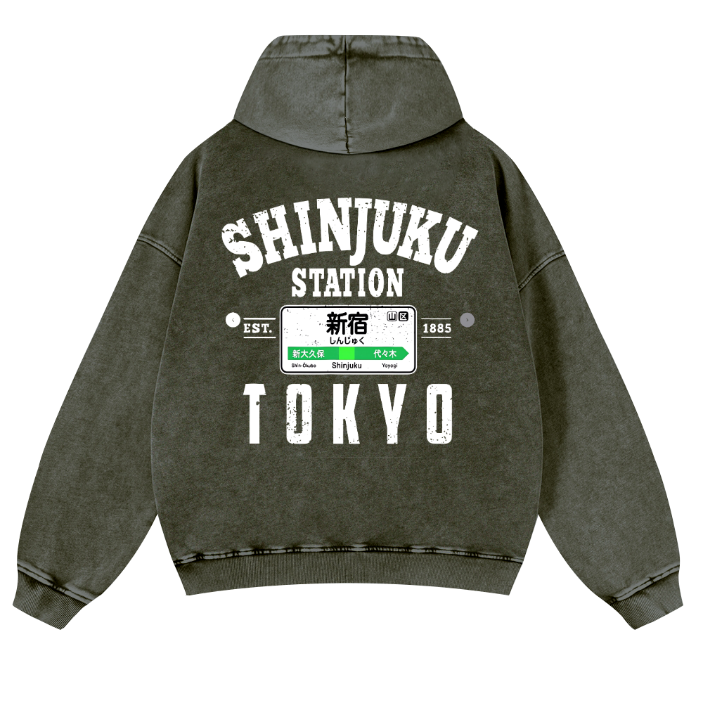 Shinjuku Station Vintage Washed Cotton Back Art Hoodie