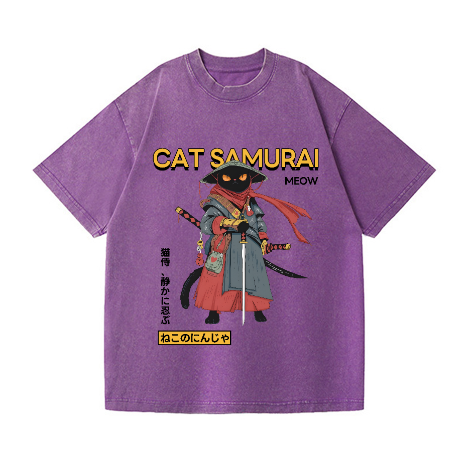 Cat Samurai Vintage Wash Japanese Design T-Shirt