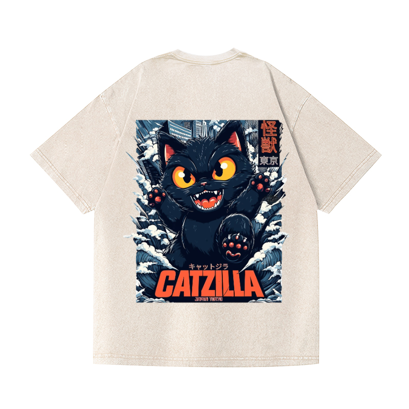 Catzilla Cat Vintage Wash Japanese Design Back Art T-Shirt