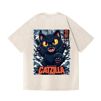 Catzilla Cat Vintage Wash Japanese Design Back Art T-Shirt