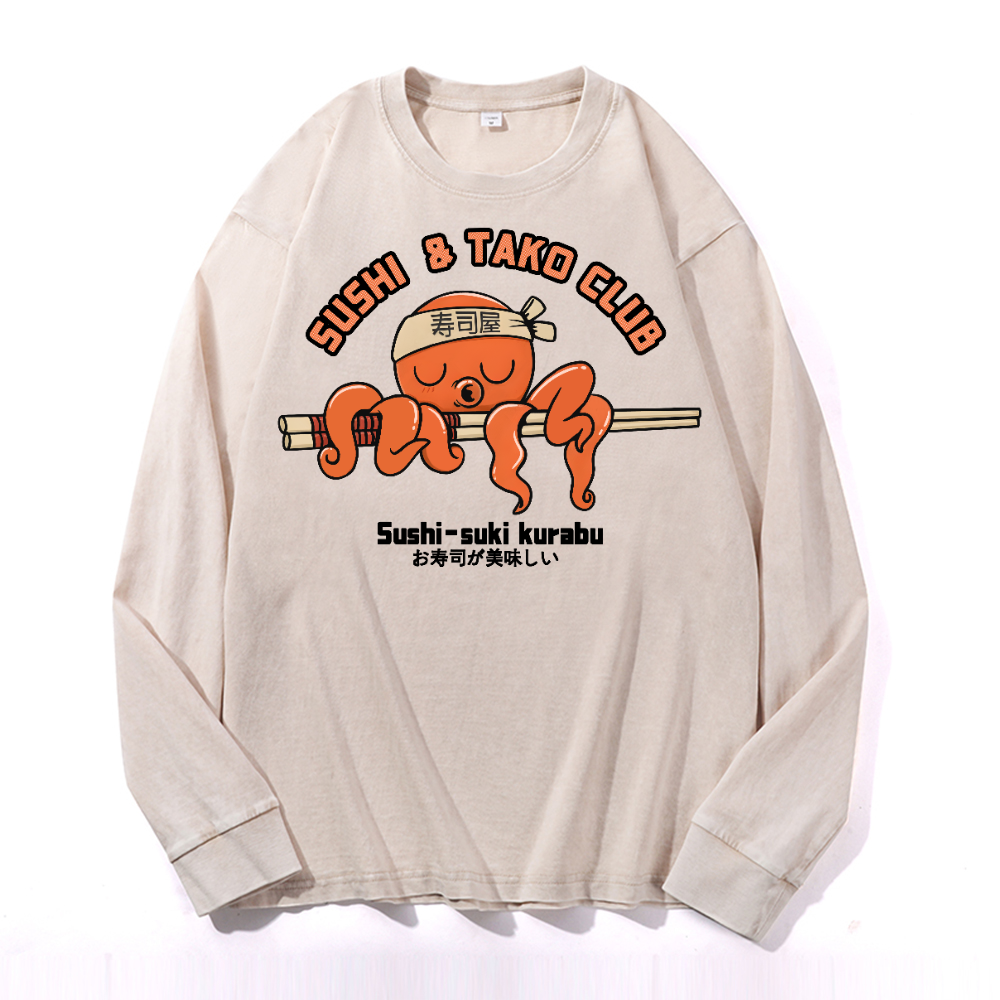 Sushi and Tako Octopus Vintage Cotton Wash Crewneck Sweatshirt