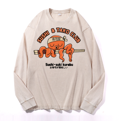 Sushi and Tako Octopus Vintage Cotton Wash Crewneck Sweatshirt