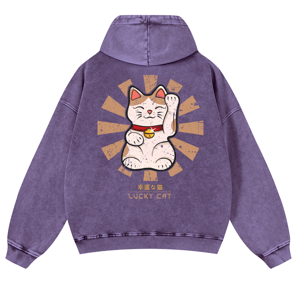 Lucky Cat Vintage Washed Cotton Back Art Hoodie