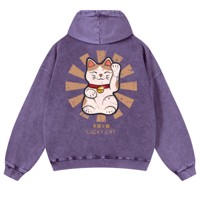 Lucky Cat Vintage Washed Cotton Back Art Hoodie