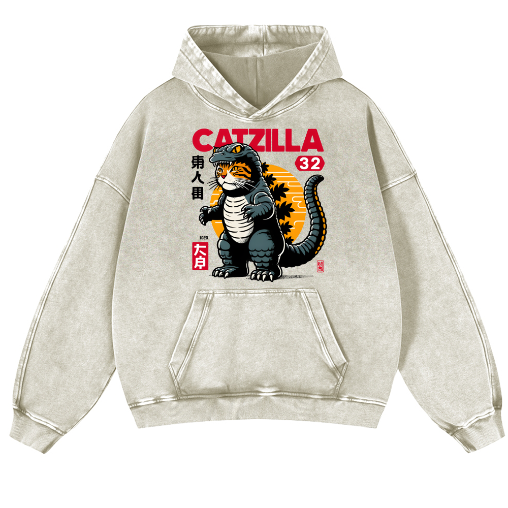 Catzilla Cat Godzilla Vintage Washed Thick Cotton Hoodie