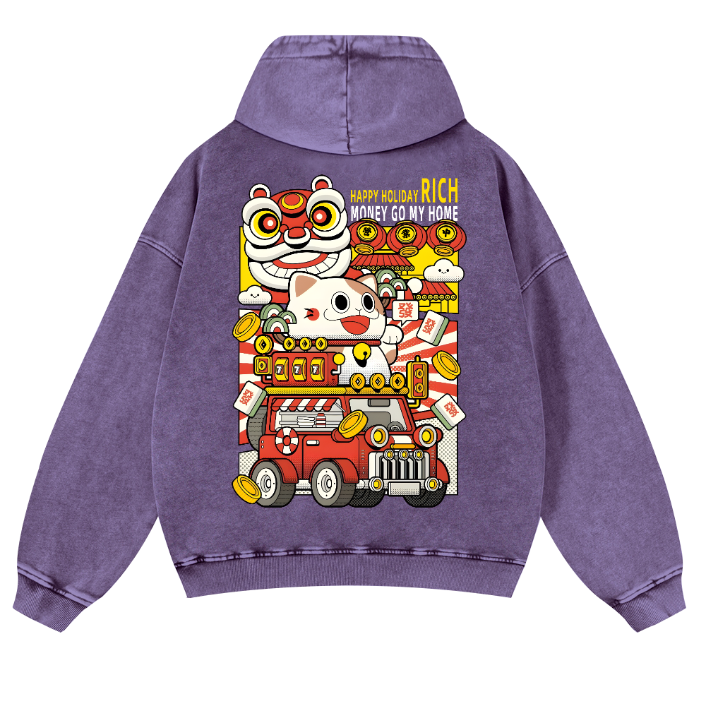Cat Vintage Washed Cotton Back Art Hoodie