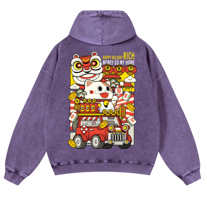 Cat Vintage Washed Cotton Back Art Hoodie