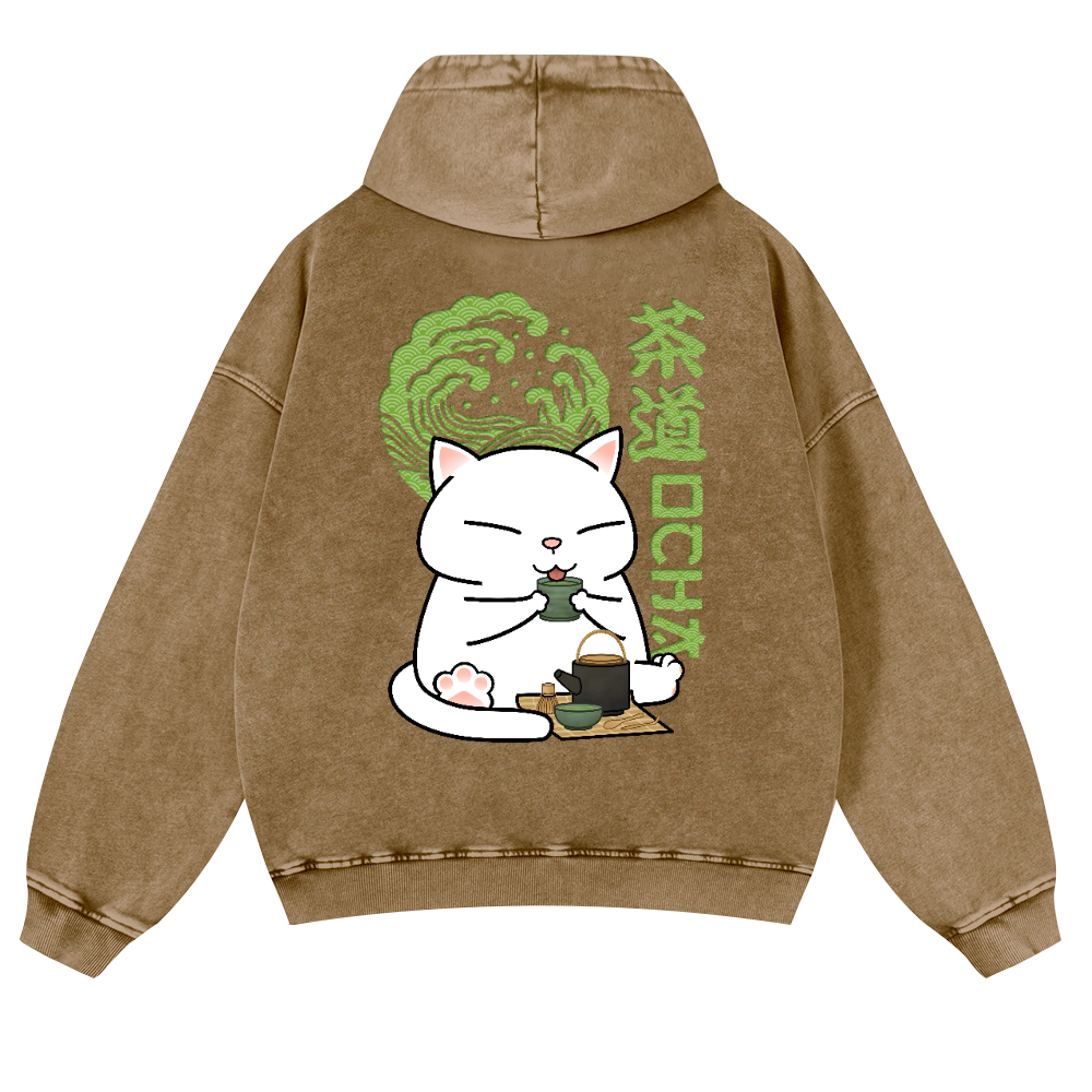 Cat Tea Vintage Washed Cotton Back Art Hoodie