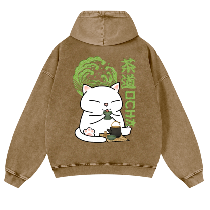 Cat Tea Vintage Washed Cotton Back Art Hoodie