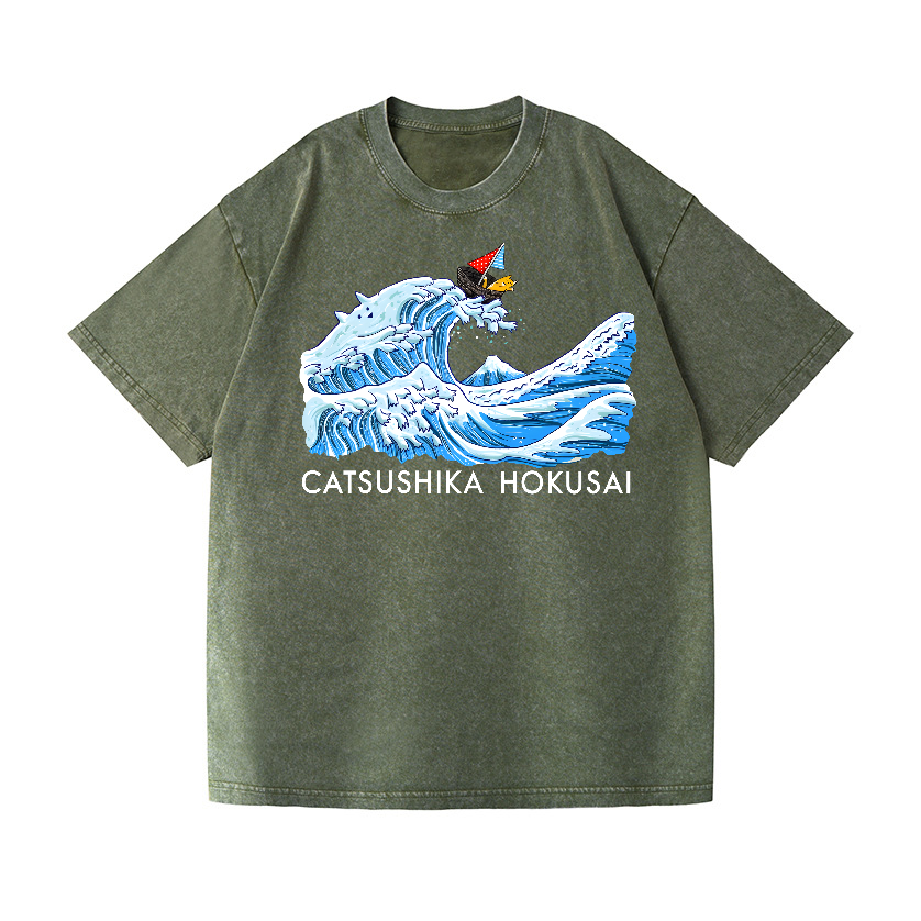 Catsushika Hokusai Cat Wave Vintage Wash Japanese Design T-Shirt