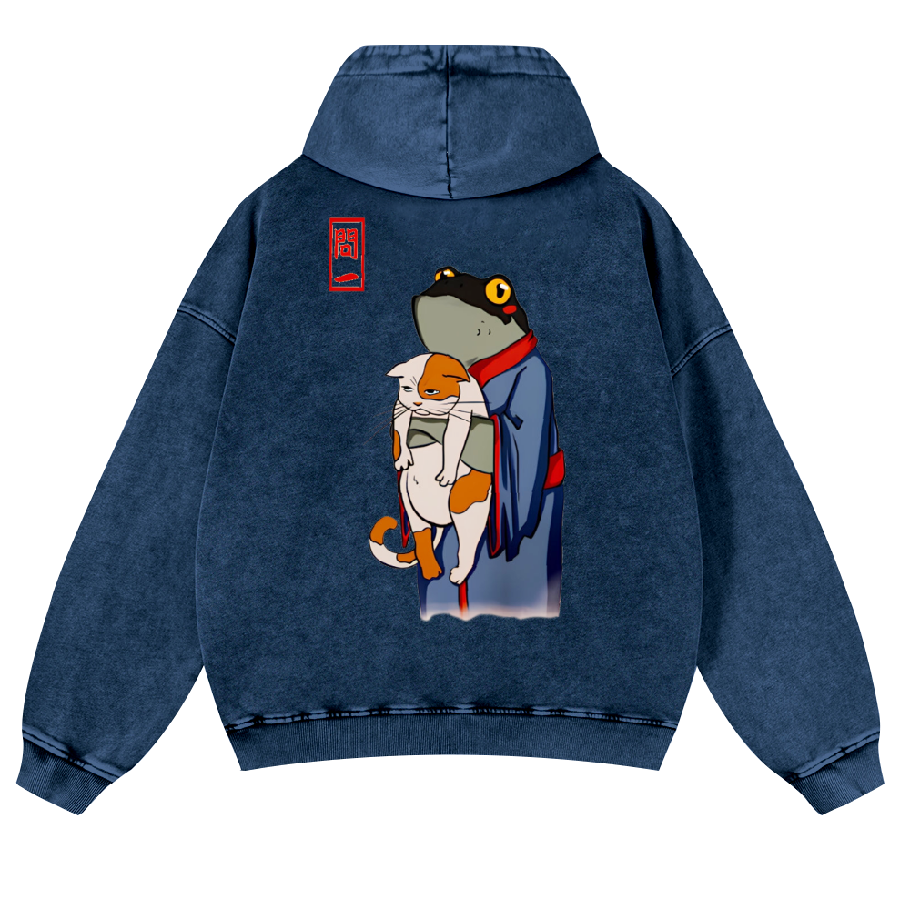 Frog and Cat Vintage Washed Cotton Back Art Hoodie