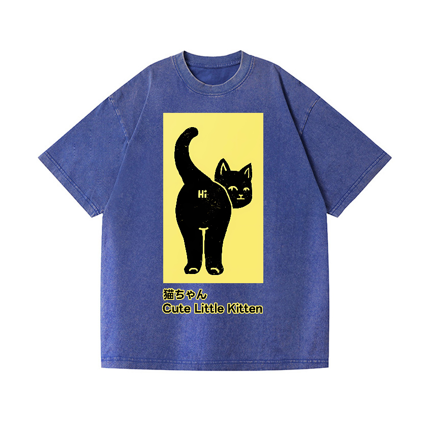 Cute Little Kitten Black Cat Vintage Wash Japanese Design T-Shirt