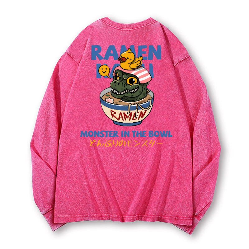 Ramen Godzilla Vintage Washed Cotton Back Art Long-sleeve T-shirt